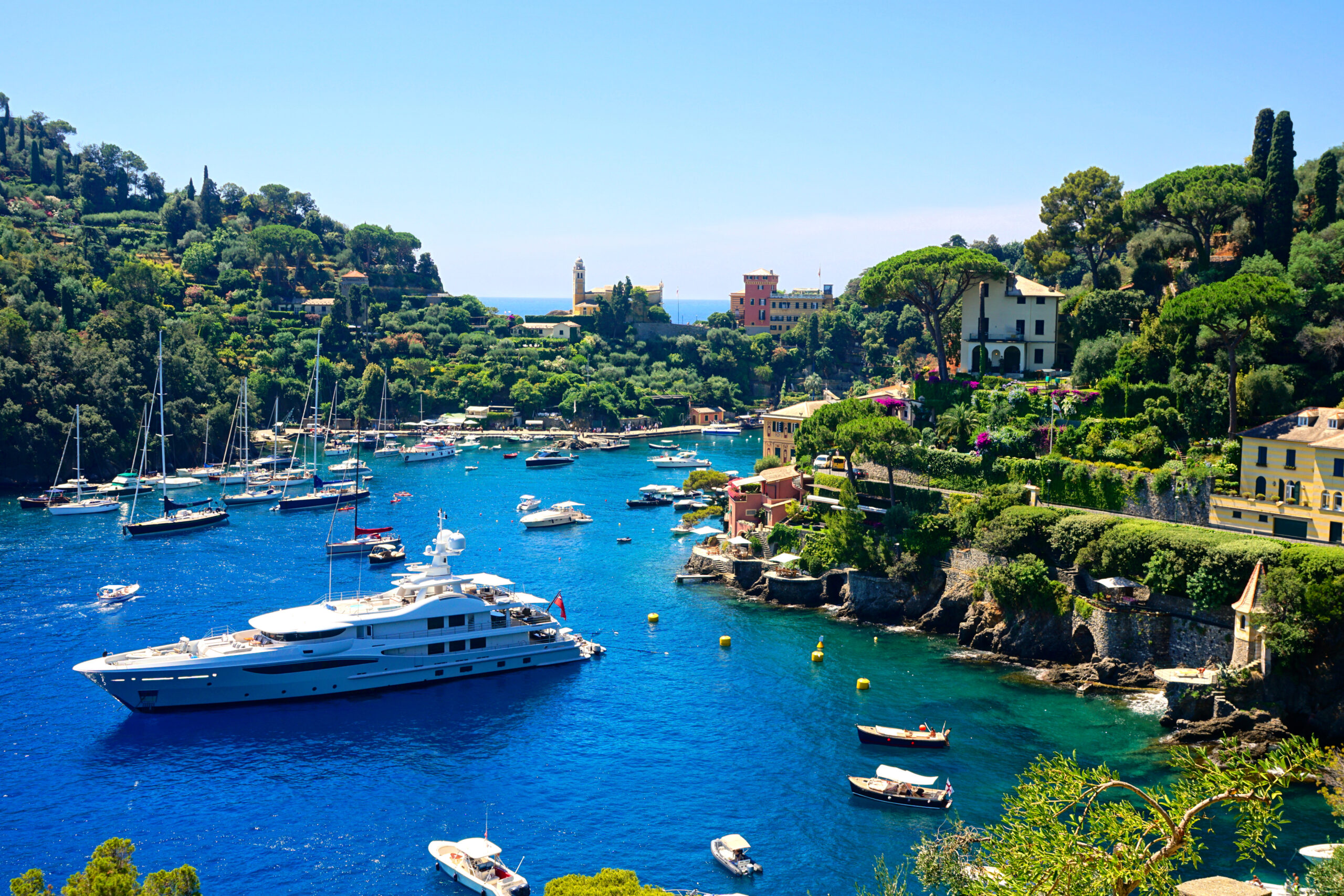 The harbour at Portofino on the Ligurian Riviera, with boats moored in the bay