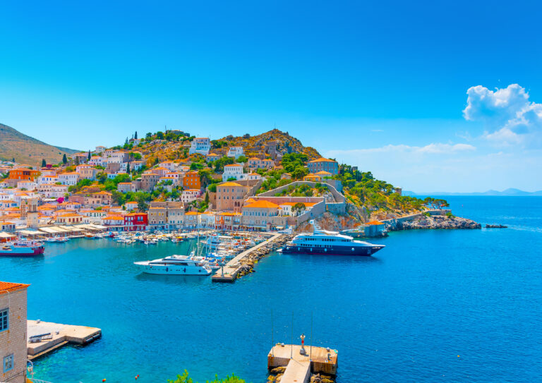 Yachts and fishing boats in the main harbour at Hydra, Greece