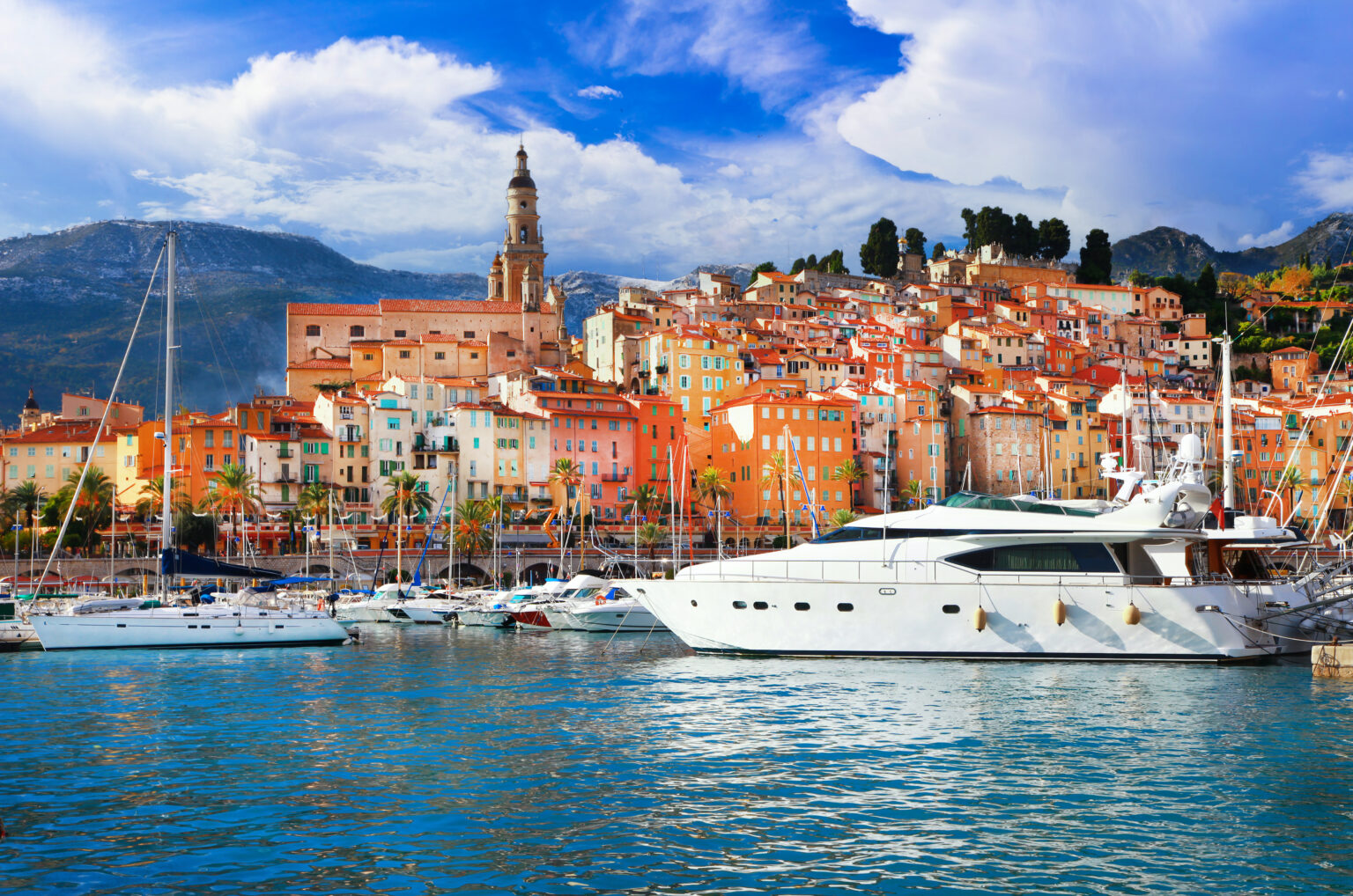 Yachts in the harbour at Menton, below the old town, on the French Riviera