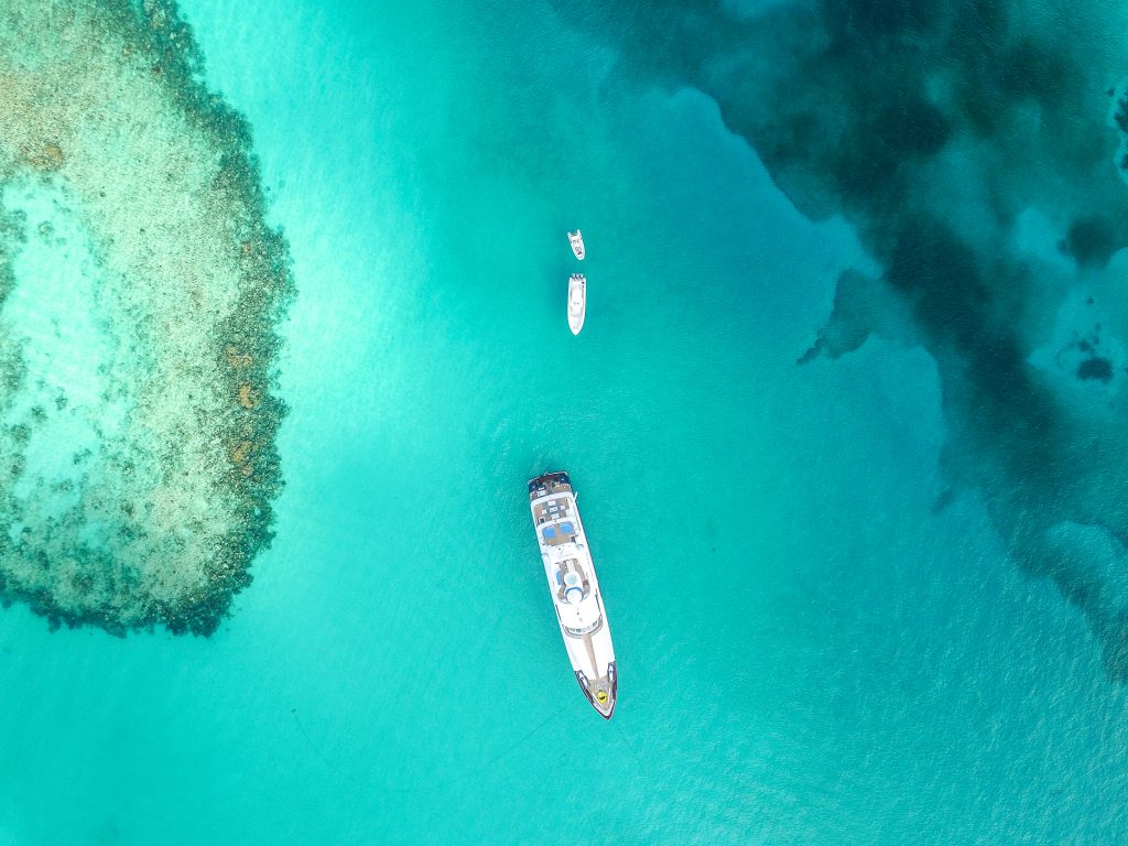 Aerial view of the beach and shallow water at Rose Island, near Nassau