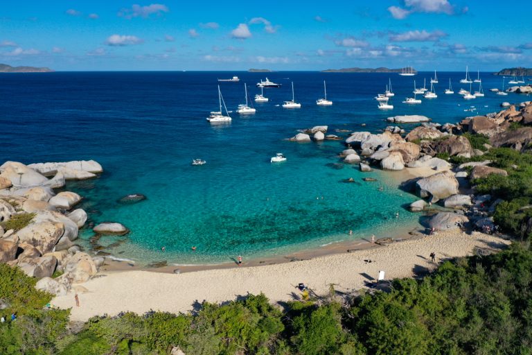 Aerial view over The Baths on Virgin Gorda, British Virgin Islands