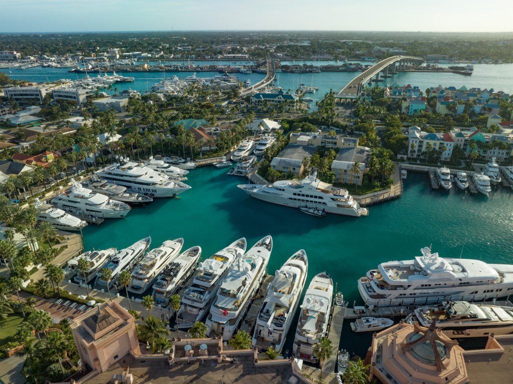 Aerial view of luxury yachts at Nassau and Paradise Island, Bahamas