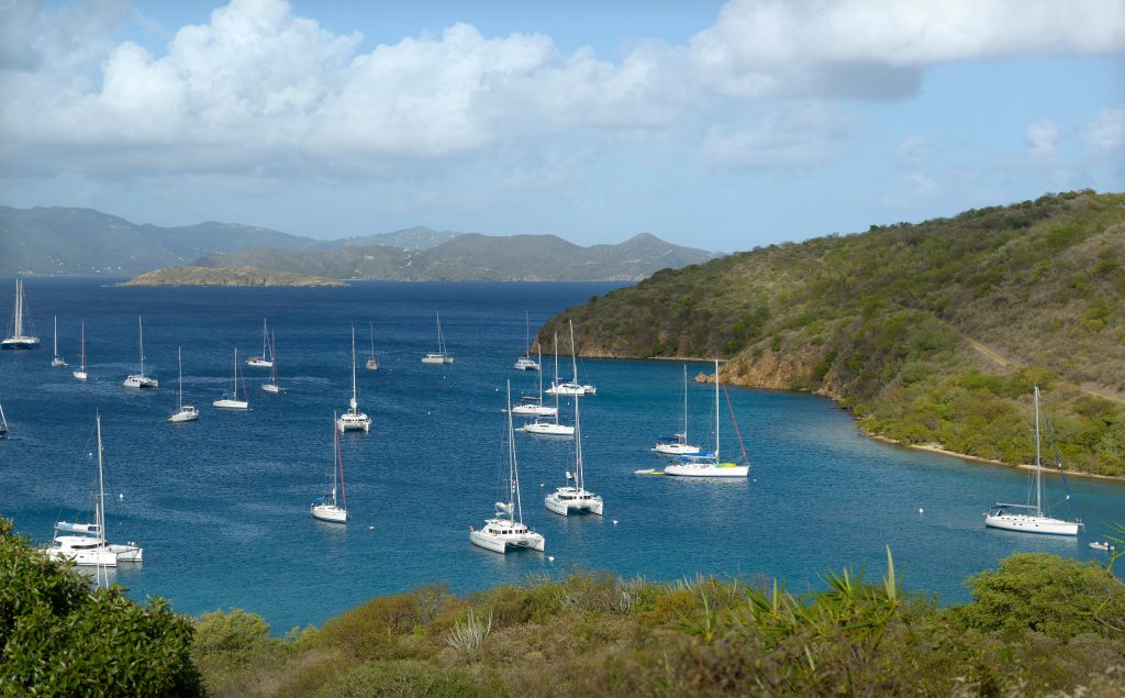 Catamarans and yachts at anchor in The Bight, Norman Island, British Virgin Islands