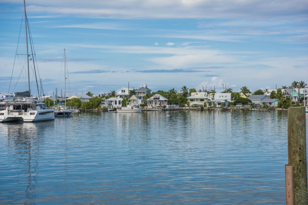 Sailboat in the harbour at Elbow Cay, Abaco, Bahamas
