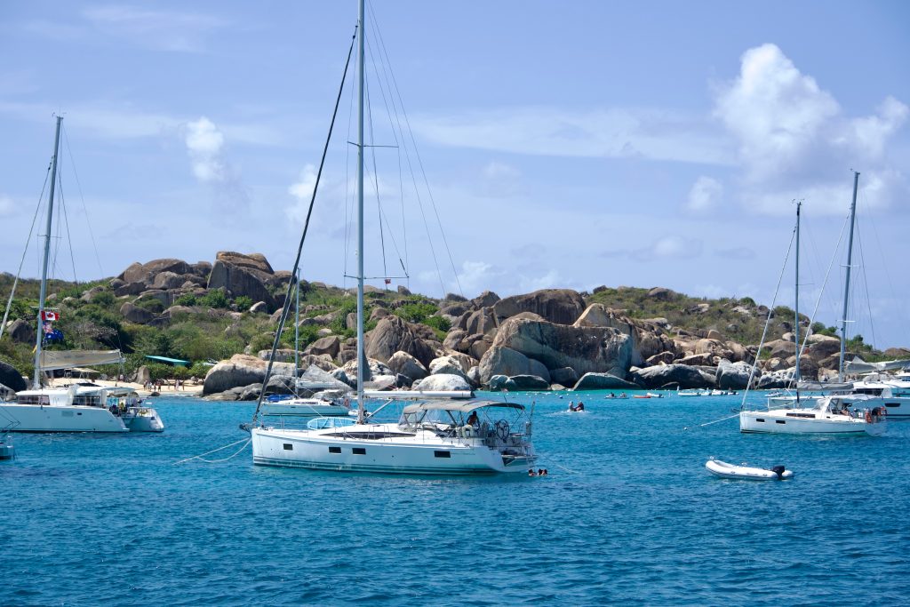 Charter catamarans on the day moorings off The Baths, Virgin Gorda, British Virgin Islands
