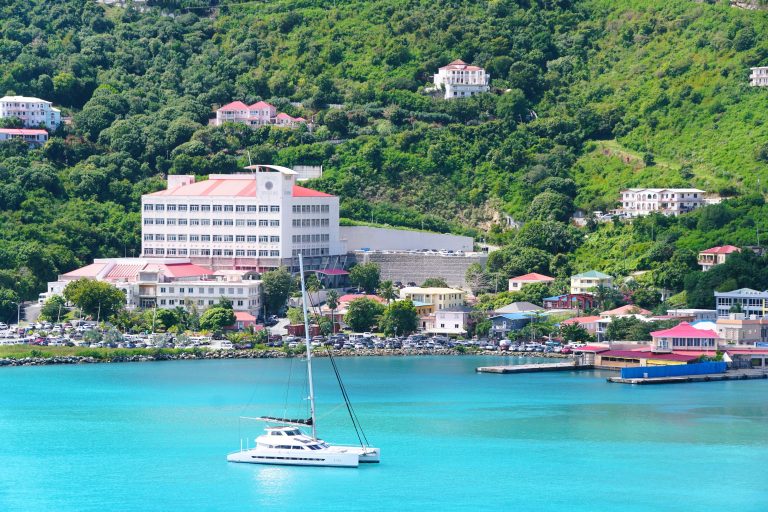 A white sailing yacht under way off Tortola, British Virgin Islands