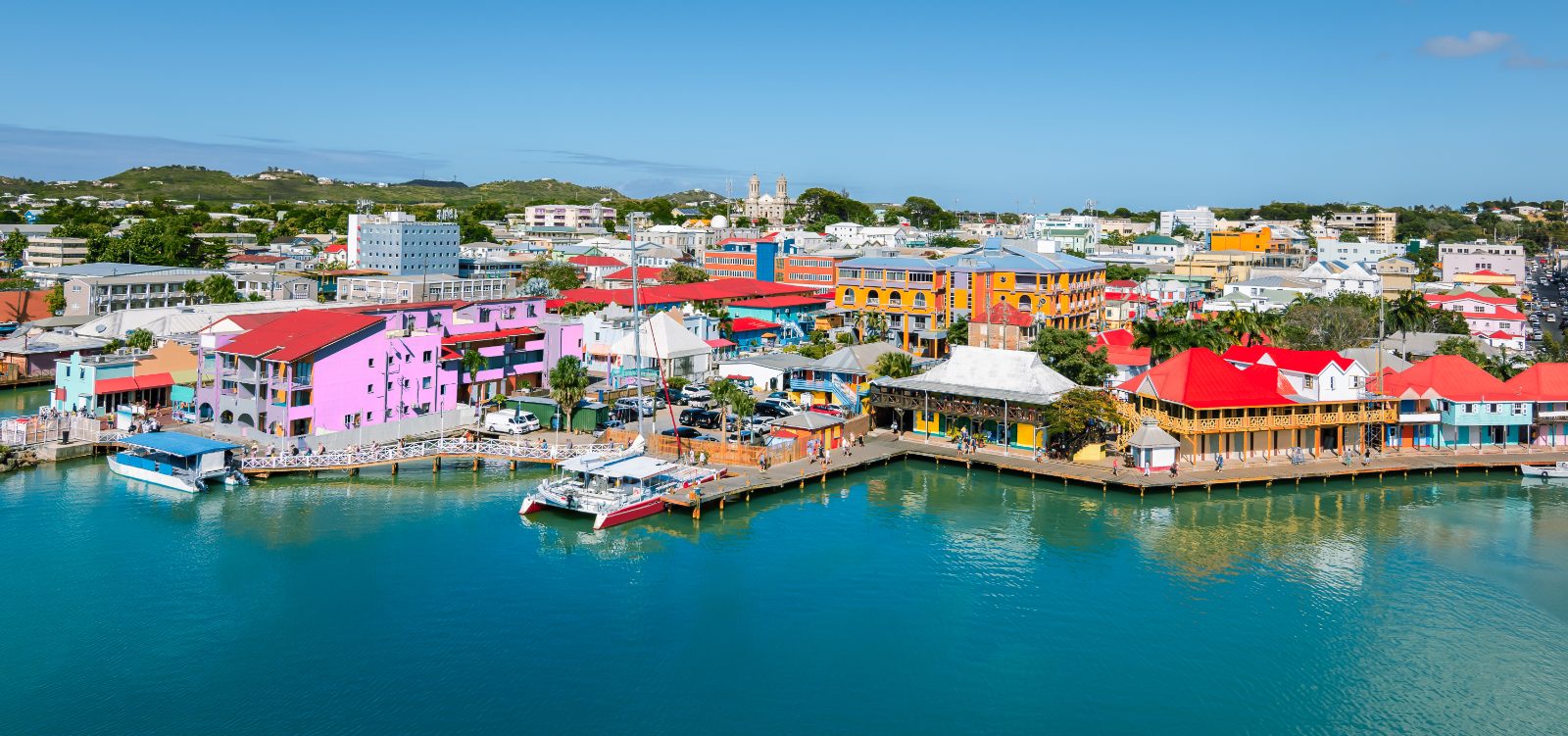 Panoramic view of St Johns, the capital of Antigua and Barbuda, with its cruise port
