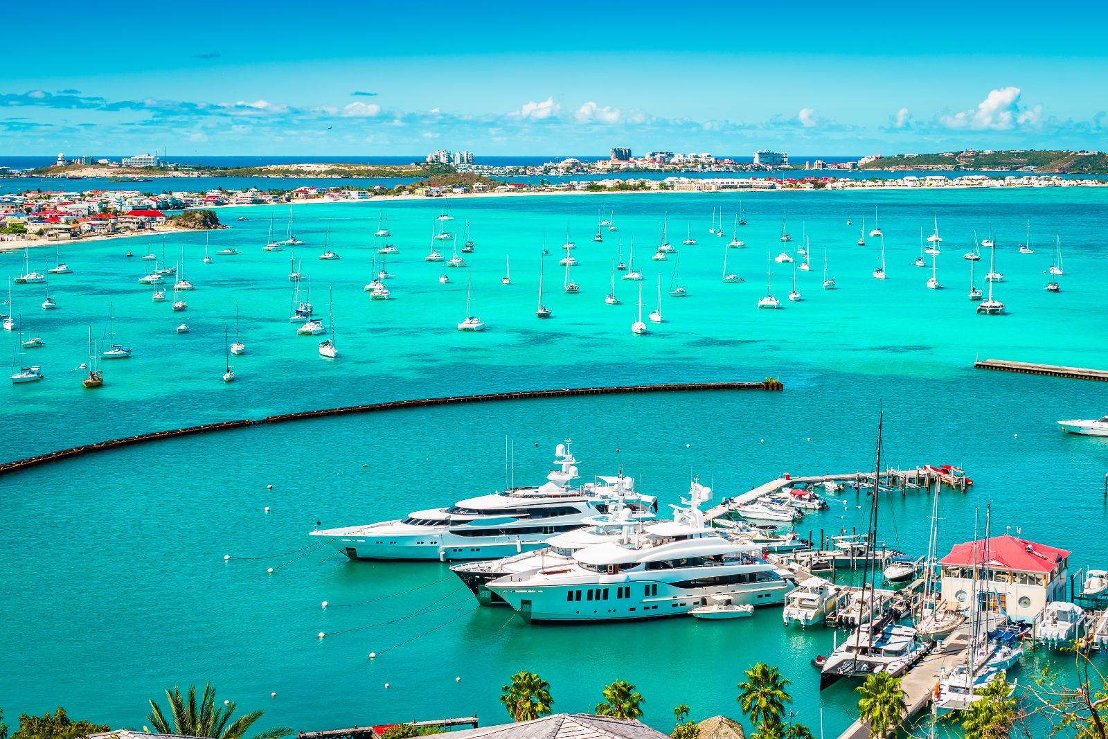 Luxury yachts moored in Marigot marina on the French side of St Martin
