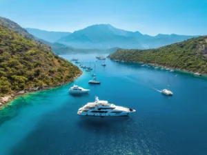 Yachts anchored in a turquoise bay on the Turkish coast