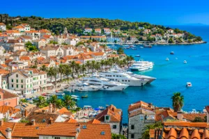 Yachts moored below the old town at Hvar, Croatia