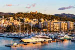 Sunrise over the yacht harbour at Palma de Mallorca