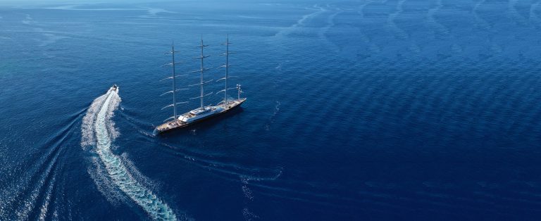 A large sailing yacht off Monaco, seen from above