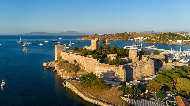 Bodrum Castle and the marina from the air, Bodrum, Turkey