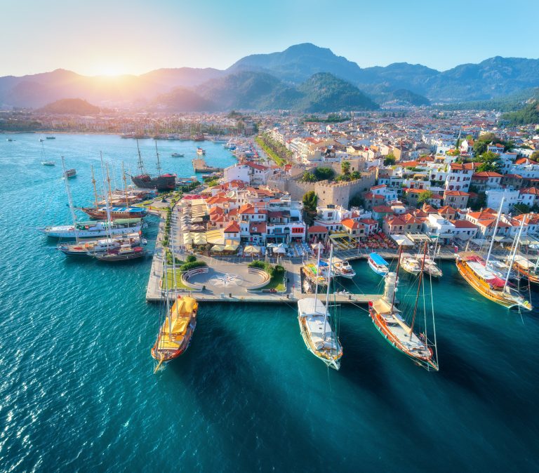 Marmaris harbour and marina from the air at sunset