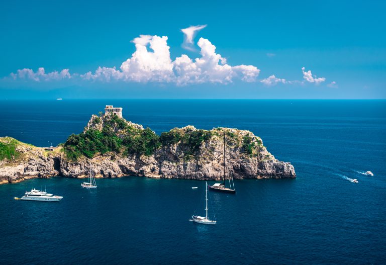 The hills of the Amalfi Coast above the sea