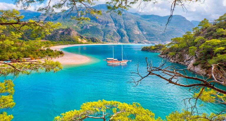 A gulet at anchor off Ölüdeniz and the Blue Lagoon, near Fethiye