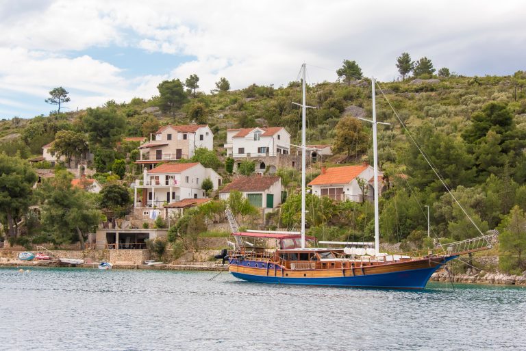 Gulet at anchor in Bobovišća bay on Brač, Croatia