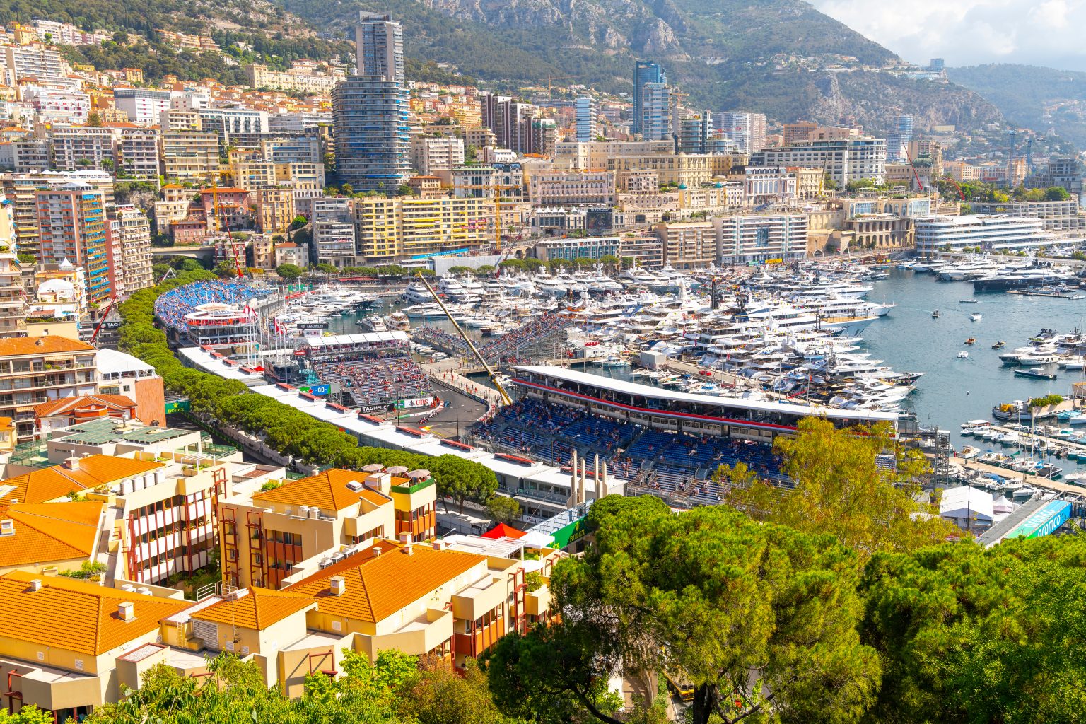 Yachts lining Port Hercule in Monte Carlo on Monaco Grand Prix race day