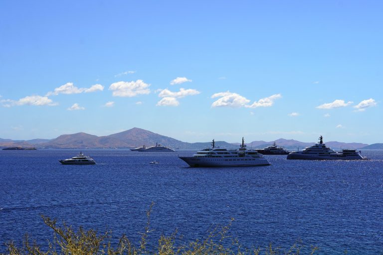 Superyachts off the coast of Vouliagmeni, south of Athens