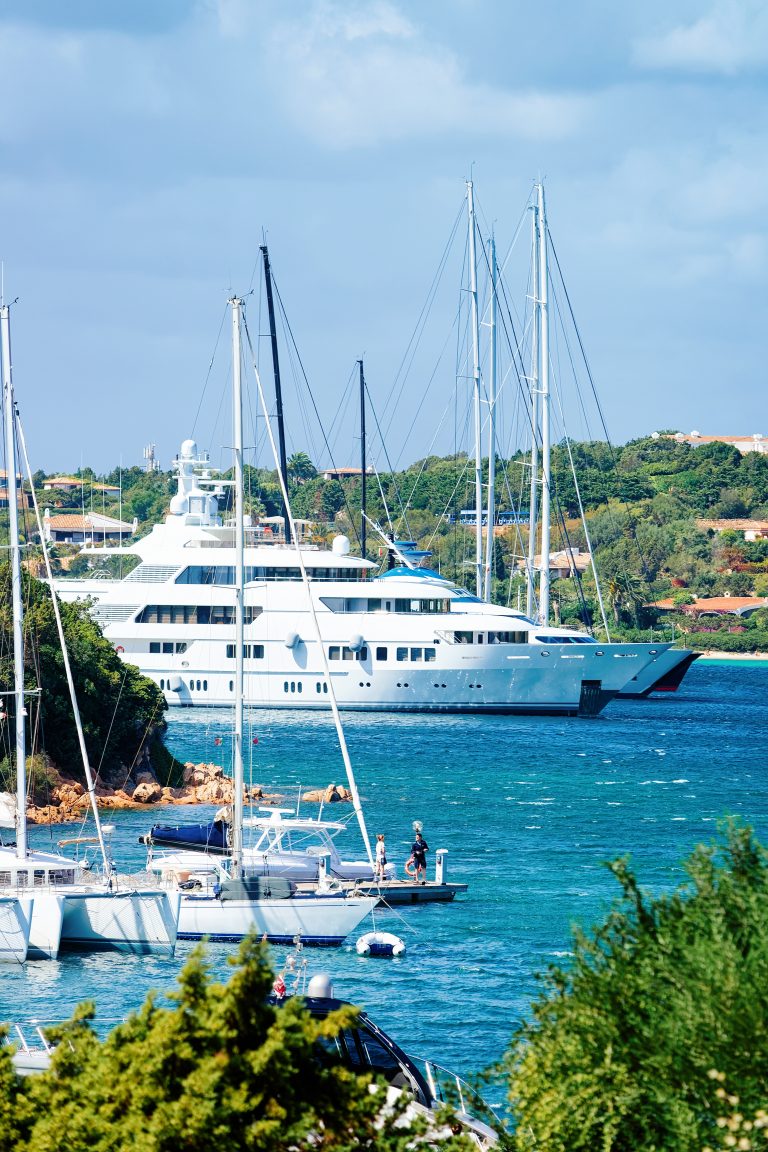 Luxury yachts moored in the marina at Porto Cervo, Costa Smeralda, Sardinia
