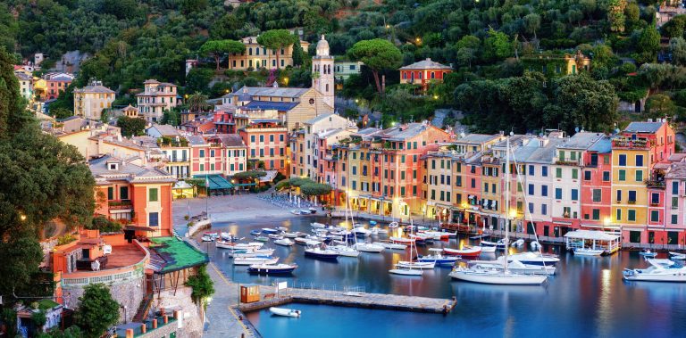 Panorama of Portofino harbour and town on the Ligurian Riviera