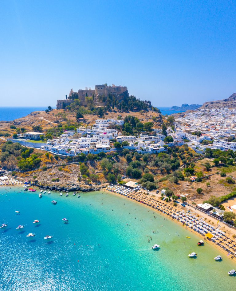 Lindos village and its acropolis above the sea, on Rhodes