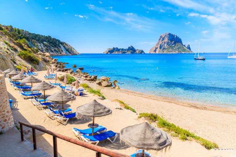 Cala d'Hort beach on Ibiza, looking out to the islet of Es Vedrà