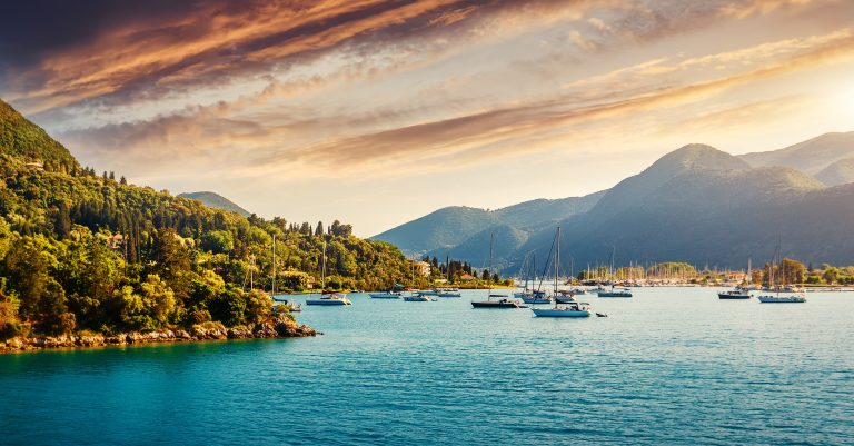 The Ionian Sea at sunset, under a colourful evening sky