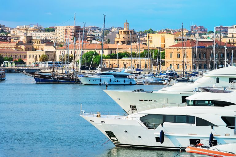 Yachts moored along the waterfront at Siracusa, Sicily