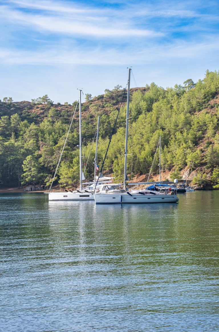 Sailing yachts moored in a pine-backed bay near Göcek, Turkey